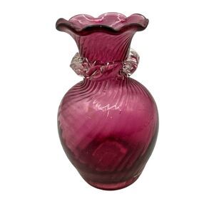 VTG. Cranberry Glass‎ Vase Pilgrim 4.5” Bedford Ruffled Top Applied Glass Collar
